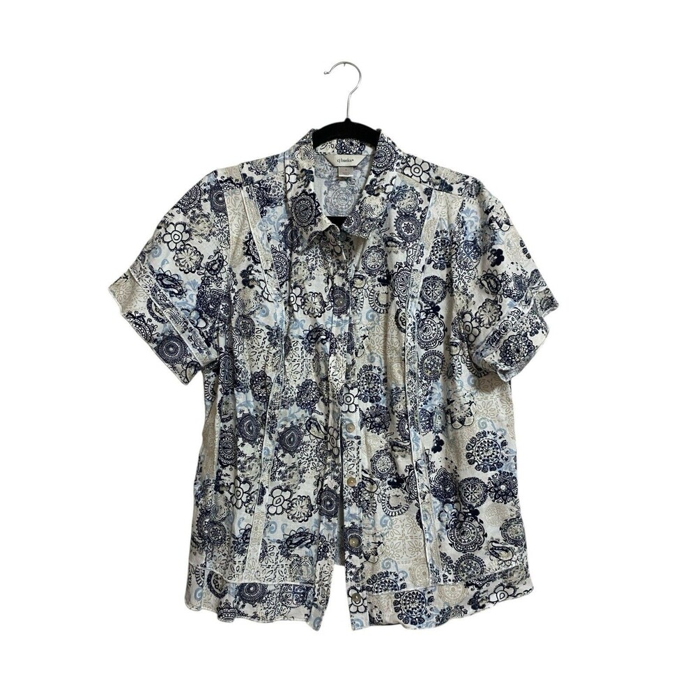 CJ Banks Linen Blend Blouse Size X Blue White Paisley Button Front Plus